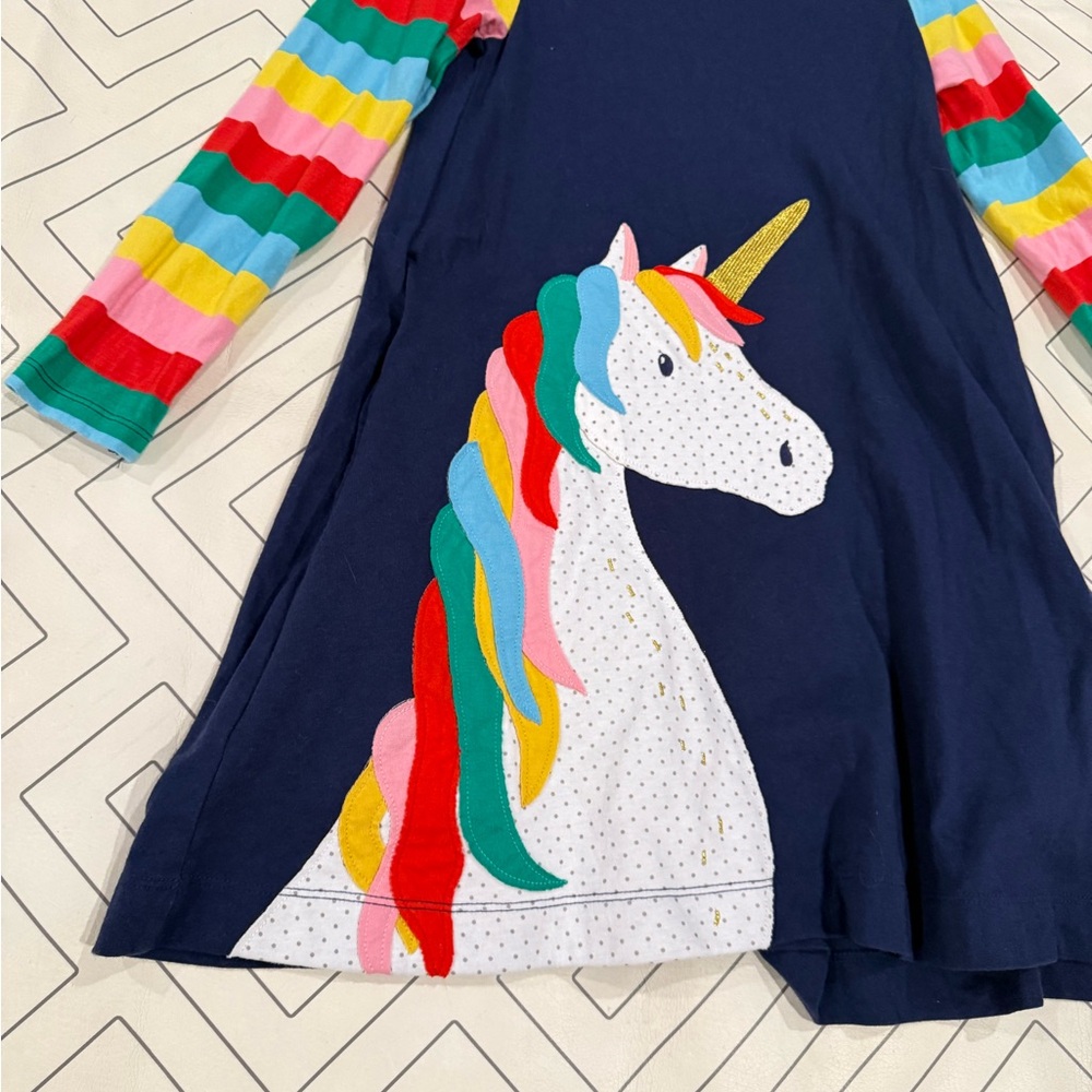 Mini Boden Navy Rainbow Unicorn Swing Dress - Picture 2 of 11